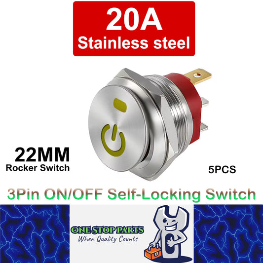 5x Yellow Power LED 22mm Metal Rocker Switch 12-24V 20A 3Pin ON/OFF Self-Locking