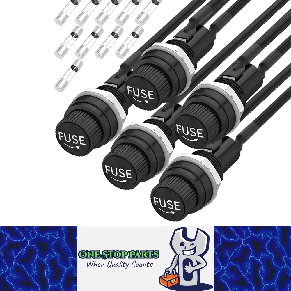 5 x Panel Mount Glass Fuse Holder Pre Wired with 5pcs each 5x20mm 10A/15A Fuse