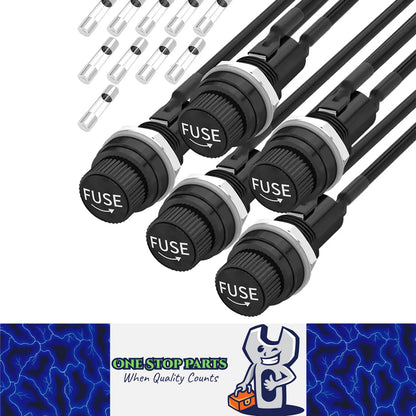5 x Panel Mount Glass Fuse Holder Pre Wired with 5pcs each 5x20mm 10A/15A Fuse