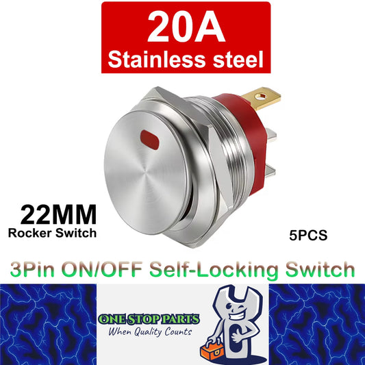 5 x Red LED 22mm Metal Rocker Switch 12-24V 20A 3Pin ON/OFF Self-Locking Switch