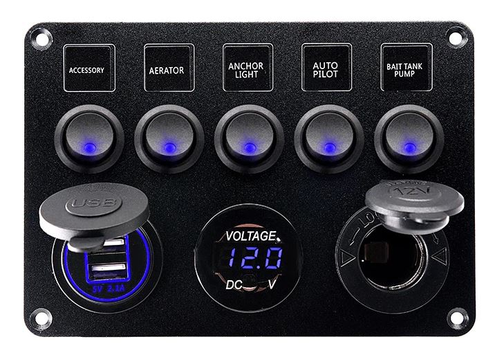 Pre Wired 5 Gang Switch Panel Usb Volt Meter Socket For Car Truck Marine (Blue)