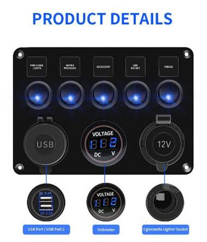 Pre Wired 5 Gang Switch Panel Usb Volt Meter Socket For Car Truck Marine (Blue)