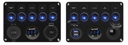 Pre Wired 5 Gang Switch Panel Usb Volt Meter Socket For Car Truck Marine (Blue)