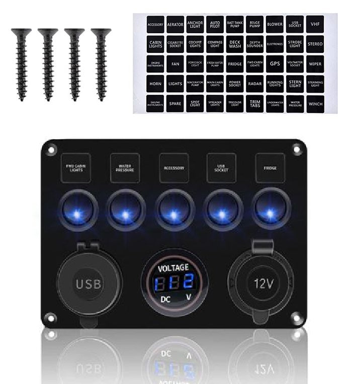 Pre Wired 5 Gang Switch Panel Usb Volt Meter Socket For Car Truck Marine (Blue)