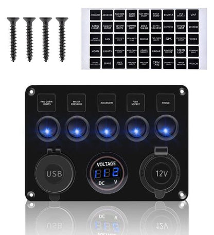 Pre Wired 5 Gang Switch Panel Usb Volt Meter Socket For Car Truck Marine (Blue)