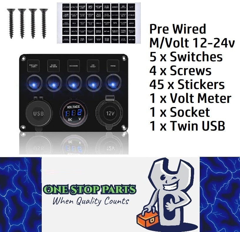 Pre Wired 5 Gang Switch Panel Usb Volt Meter Socket For Car Truck Marine (Blue)