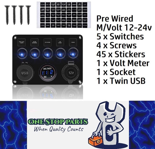 Pre Wired 5 Gang Switch Panel Usb Volt Meter Socket For Car Truck Marine (Blue)