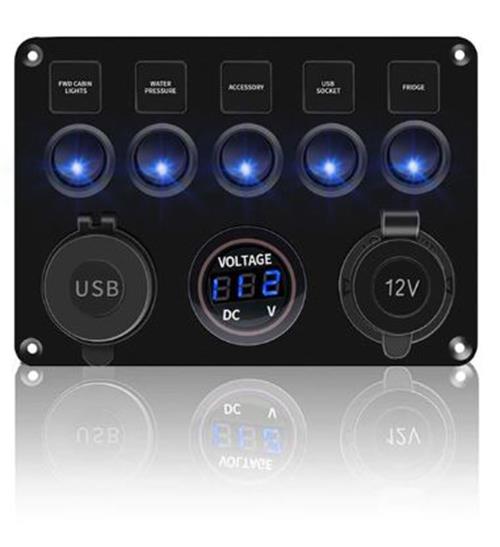 Pre Wired 5 Gang Switch Panel Usb Volt Meter Socket For Car Truck Marine (Blue)