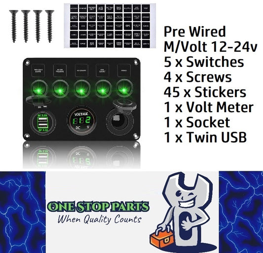 Pre Wired 5 Gang Switch Panel Usb Volt Meter Socket For Car Truck Marine (Green)
