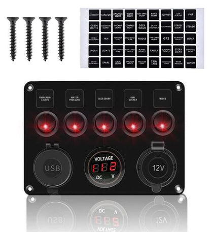 Pre Wired 5 Gang Switch Panel Usb Volt Meter Socket For Car Truck Marine (Red)