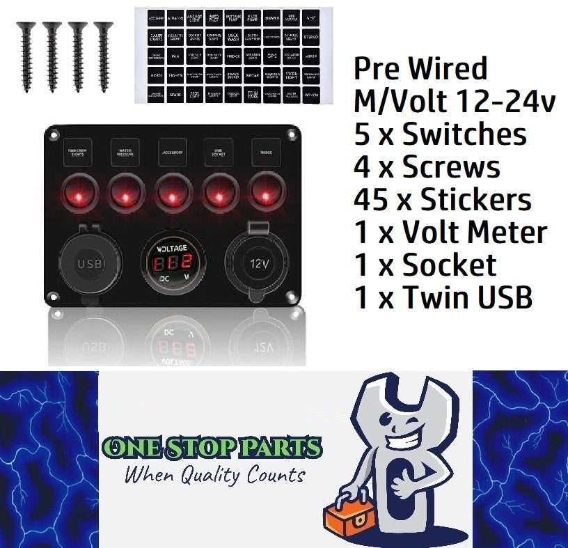 Pre Wired 5 Gang Switch Panel Usb Volt Meter Socket For Car Truck Marine (Red)