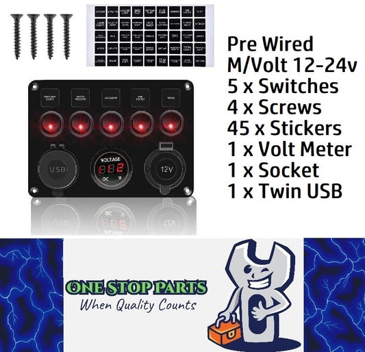 Pre Wired 5 Gang Switch Panel Usb Volt Meter Socket For Car Truck Marine (Red)