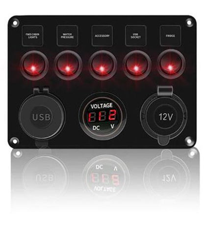 Pre Wired 5 Gang Switch Panel Usb Volt Meter Socket For Car Truck Marine (Red)