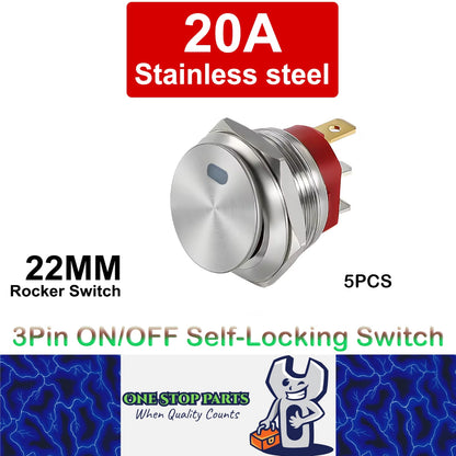 5x White LED 22mm Metal Rocker Switch 12-24V 20A 3Pin ON/OFF Self-Locking Switch