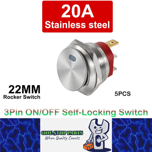 5x White LED 22mm Metal Rocker Switch 12-24V 20A 3Pin ON/OFF Self-Locking Switch