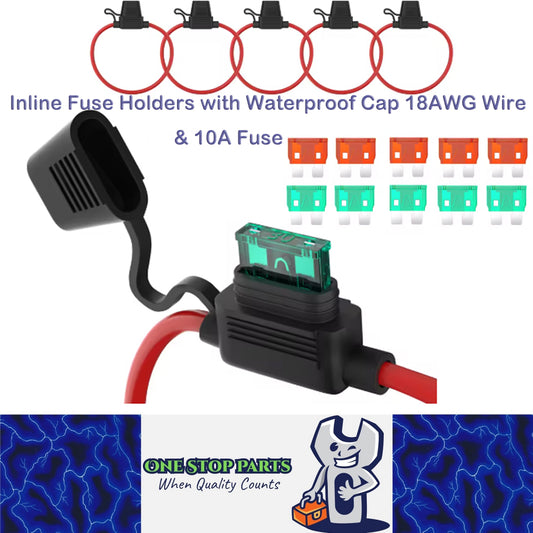 5 x Standard Blade inline Fuse Holders with Waterproof Cap 18AWG Wire & 10A Fuse