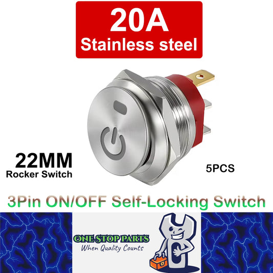 5 x White Power LED 22mm Metal Rocker Switch 12-24V 20A 3Pin ON/OFF Self-Locking