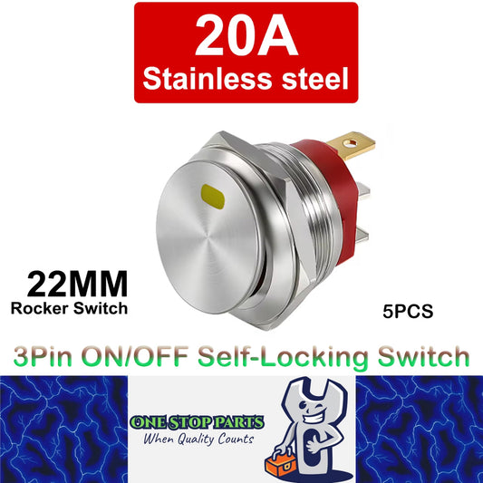 5 x Yellow LED 22mm Metal Rocker Switch 12-24V 20A 3Pin ON/OFF Self-Locking