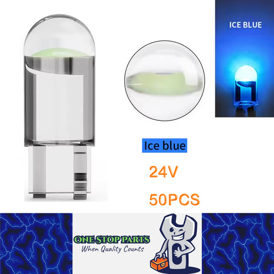 50 X 24V Ice Blue T10 Dome Head COB LED Globes Ideal for Dash Lights Parkers