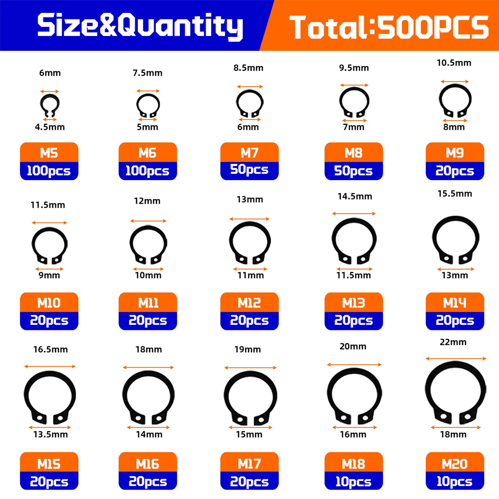 500pcs C Clips Internal Circlip Snap Ring Steel Shaft Retainig for Axles Shafts