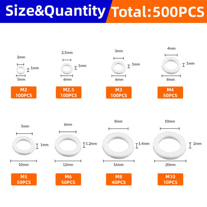 500pcs Nylon Flat Washers Kit 8 Size M2/2.5/3/4/5/6/8/10 Seal Spacer Gasket Ring