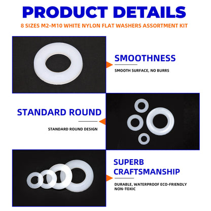 500pcs Nylon Flat Washers Kit 8 Size M2/2.5/3/4/5/6/8/10 Seal Spacer Gasket Ring