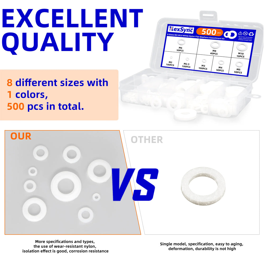 500pcs Nylon Flat Washers Kit 8 Size M2/2.5/3/4/5/6/8/10 Seal Spacer Gasket Ring