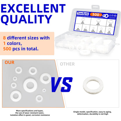 500pcs Nylon Flat Washers Kit 8 Size M2/2.5/3/4/5/6/8/10 Seal Spacer Gasket Ring