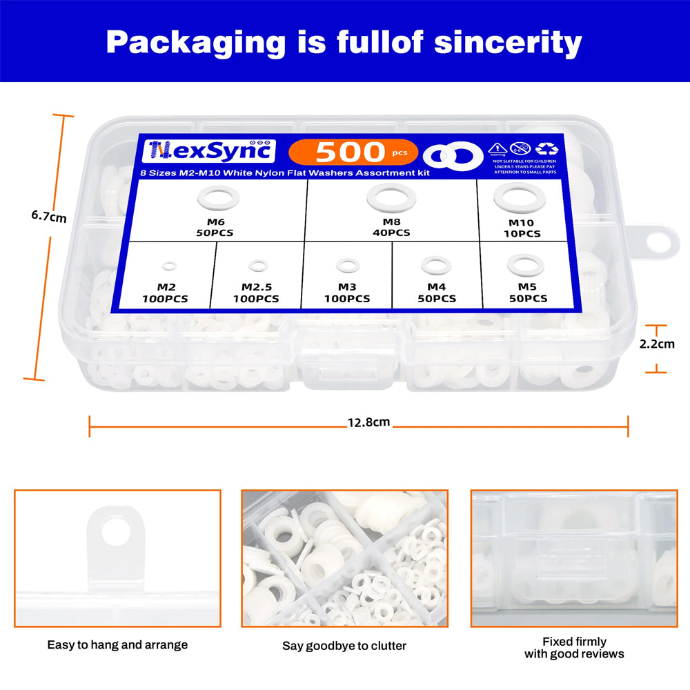 500pcs Nylon Flat Washers Kit 8 Size M2/2.5/3/4/5/6/8/10 Seal Spacer Gasket Ring