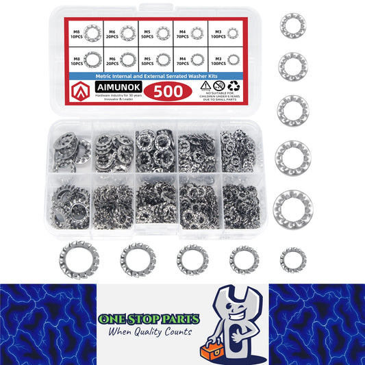 500pcs Serrated Lock Washer Set M3–M8 Stainless Steel Internal/External Kit
