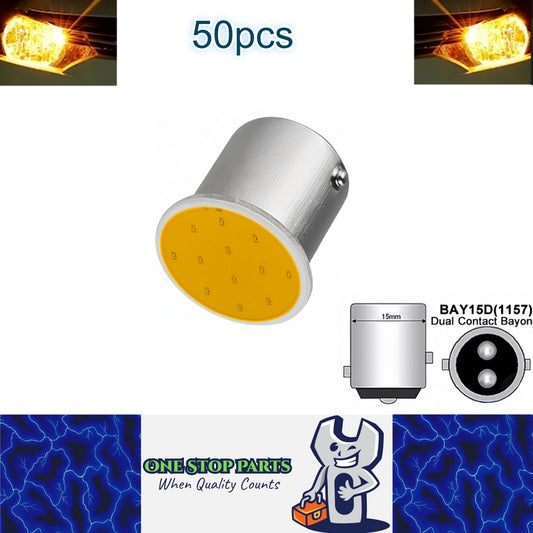 50 x Stop/Tail Yellow BAY15D 1157 12V COB Style Yellow Flat Face LEDs (50pcs)