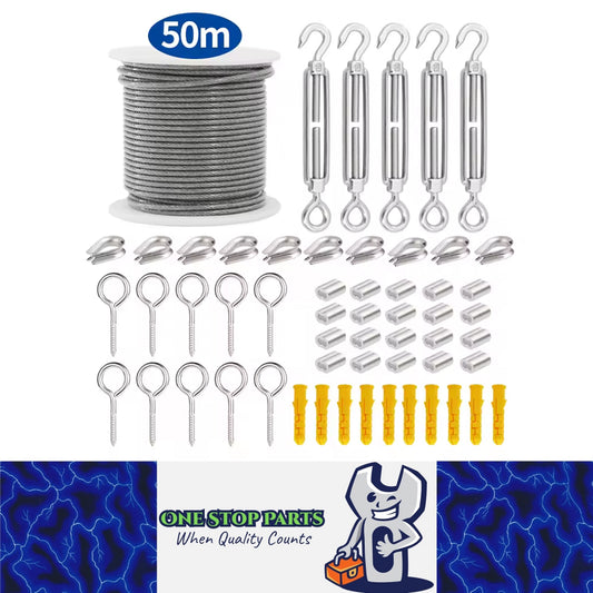 50m x 2mm PVC Coated 304 Stainless Steel Cable Kit with 56 Accessories Wire Rope