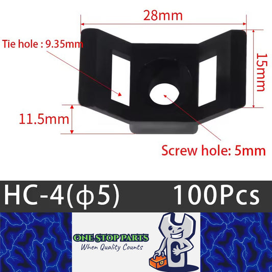 100 X Black Cable tie Wing Mounts Plastic 5mm Centre screw or pop rivet base