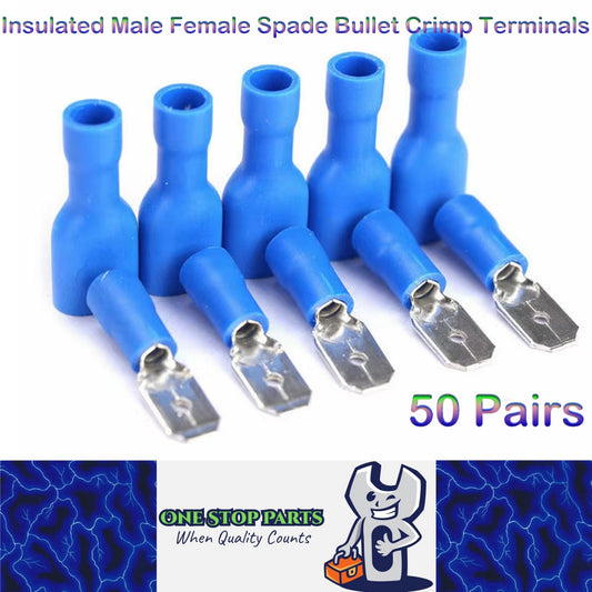 50 Pairs 16-14AWG Insulated Male Female Spade Bullet Crimp Terminals Blue