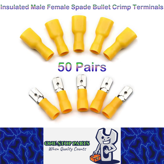 50 Pairs 12-10AWG Insulated Male Female Spade Bullet Crimp Terminals Yellow