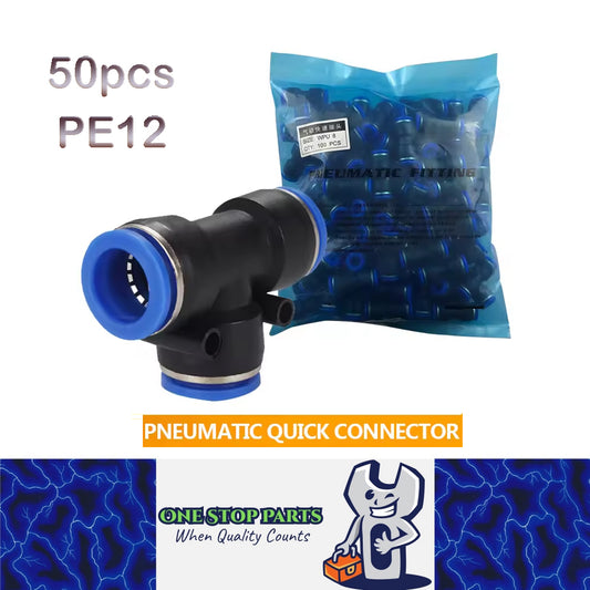 50 x T shaped Tee PE12 Air Pneumatic Connectors OD12mm Hose 3 Way Fittings