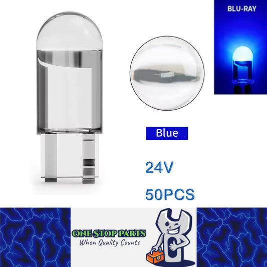 50 X 24V Blue T10 Dome Head COB LED Globes Ideal for Dash Lights Parkers
