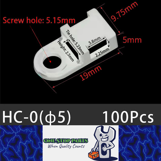 100 X White Cable tie Mounts Plastic 5.1mm screw or pop rivet base for cable tie