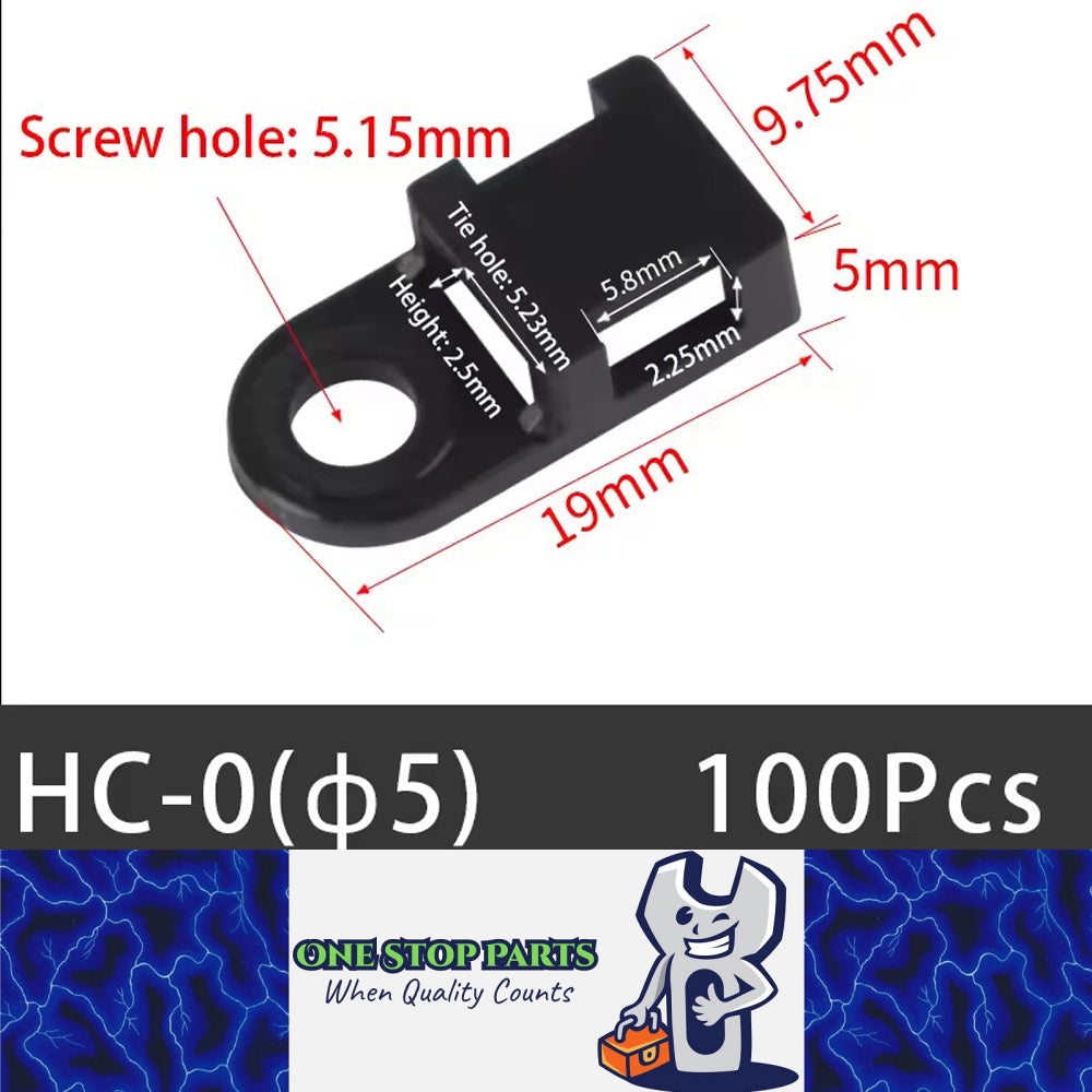 100 X Black Cable tie Mounts Plastic 5.1mm screw or pop rivet base for cable tie