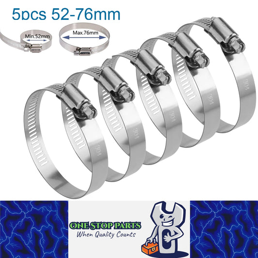 5 x 52-76mm Strong Stainless Steel Hose Clamps wide 12mm x 0.3mm Thick (10pcs)