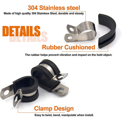 52pcs Assorted P Cable Clamps Assortment Kit, 304 Stainless Steel Rubber Cushion