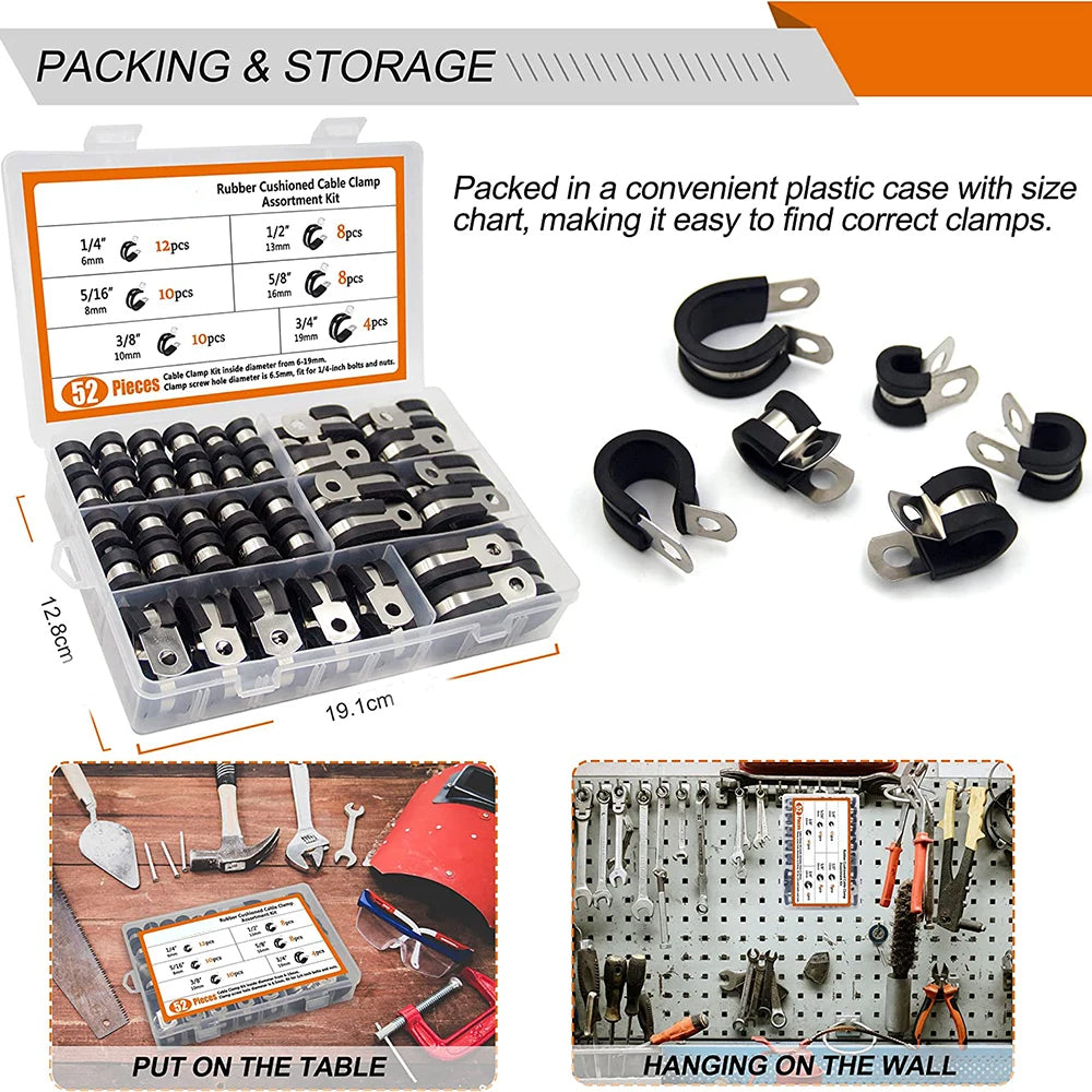 52pcs Assorted P Cable Clamps Assortment Kit, 304 Stainless Steel Rubber Cushion