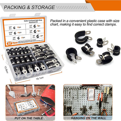52pcs Assorted P Cable Clamps Assortment Kit, 304 Stainless Steel Rubber Cushion