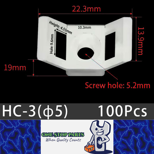 100 X White Cable tie Wing Mounts Plastic 5.2mm Centre screw or pop rivet base