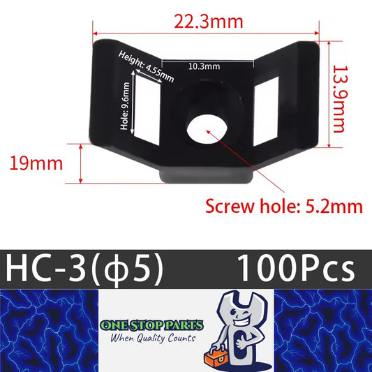 100 X Black Cable tie Wing Mounts Plastic 5.2mm Centre screw or pop rivet base