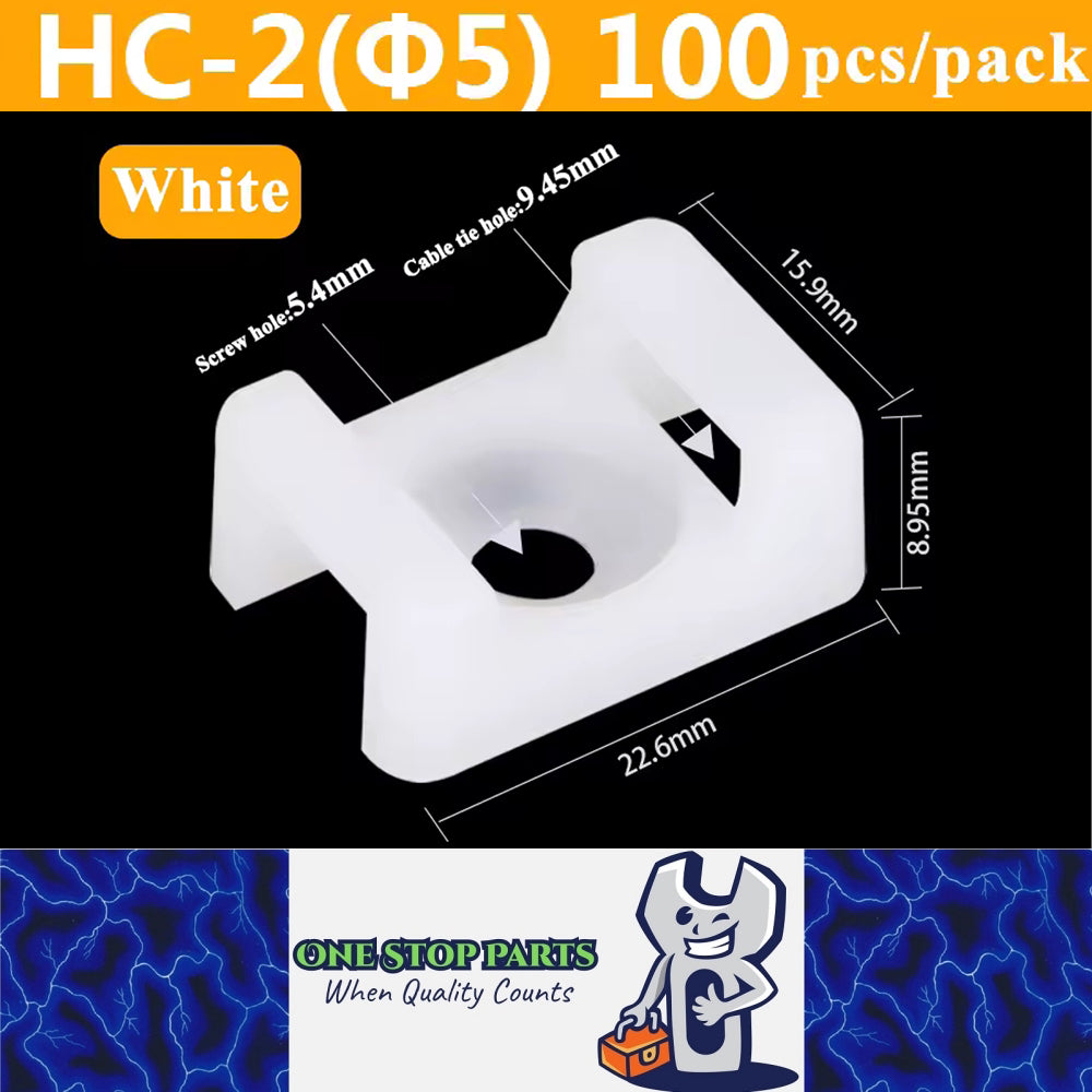 100 X White Cable tie Mounts Plastic 5.4mm Centre screw or pop rivet base