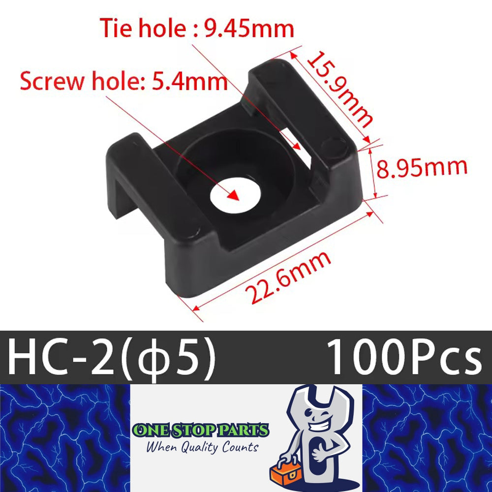 100 X Black Cable tie Mounts Plastic 5.4mm Centre screw or pop rivet base