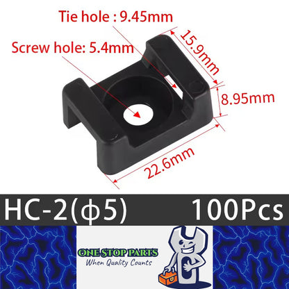 100 X Black Cable tie Mounts Plastic 5.4mm Centre screw or pop rivet base