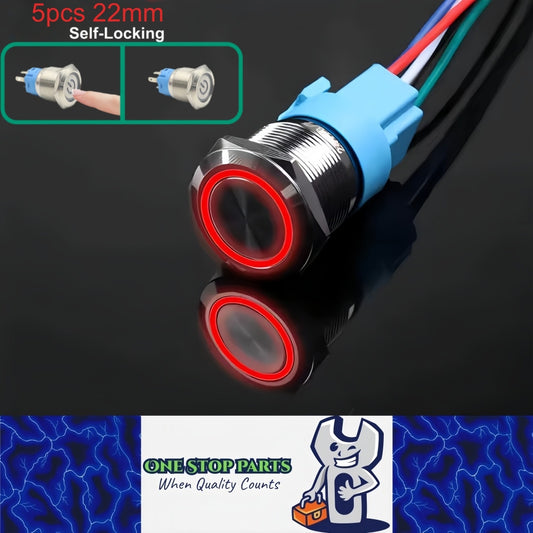 5 x Red LED 22mm Metal Push Button Switch 12V-24V Pre-Wired Self-Locking Switch
