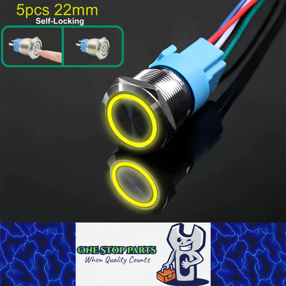5 x Yellow LED 22mm Metal Push Button Switch 12-24V PreWired Self-Locking Switch